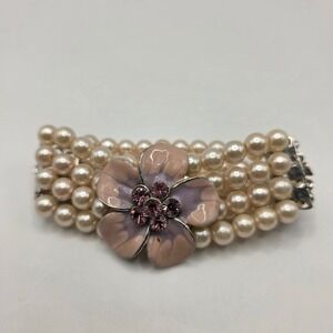 Faux Pearl‎ 4-Strand Stretch Bracelet Pink Enamel Flower Rhinestone Silver Tone